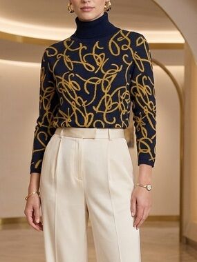 Mondi Womens Navy Blue Mustard‎ Yellow Abstract Swirl Turtleneck Sweater Size S